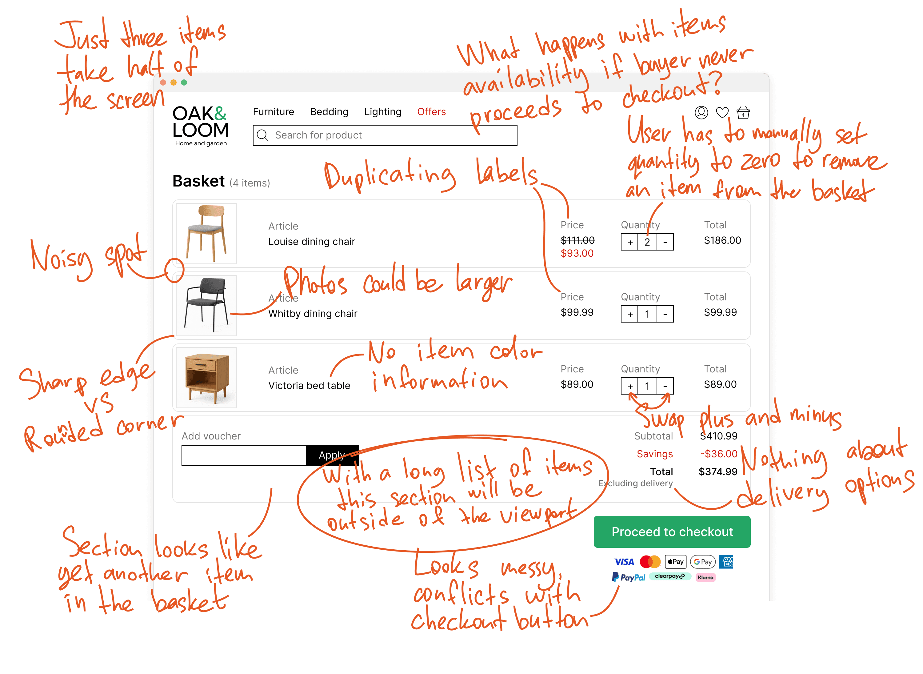 Basket page of the furniture online shop with comments on various UI elements